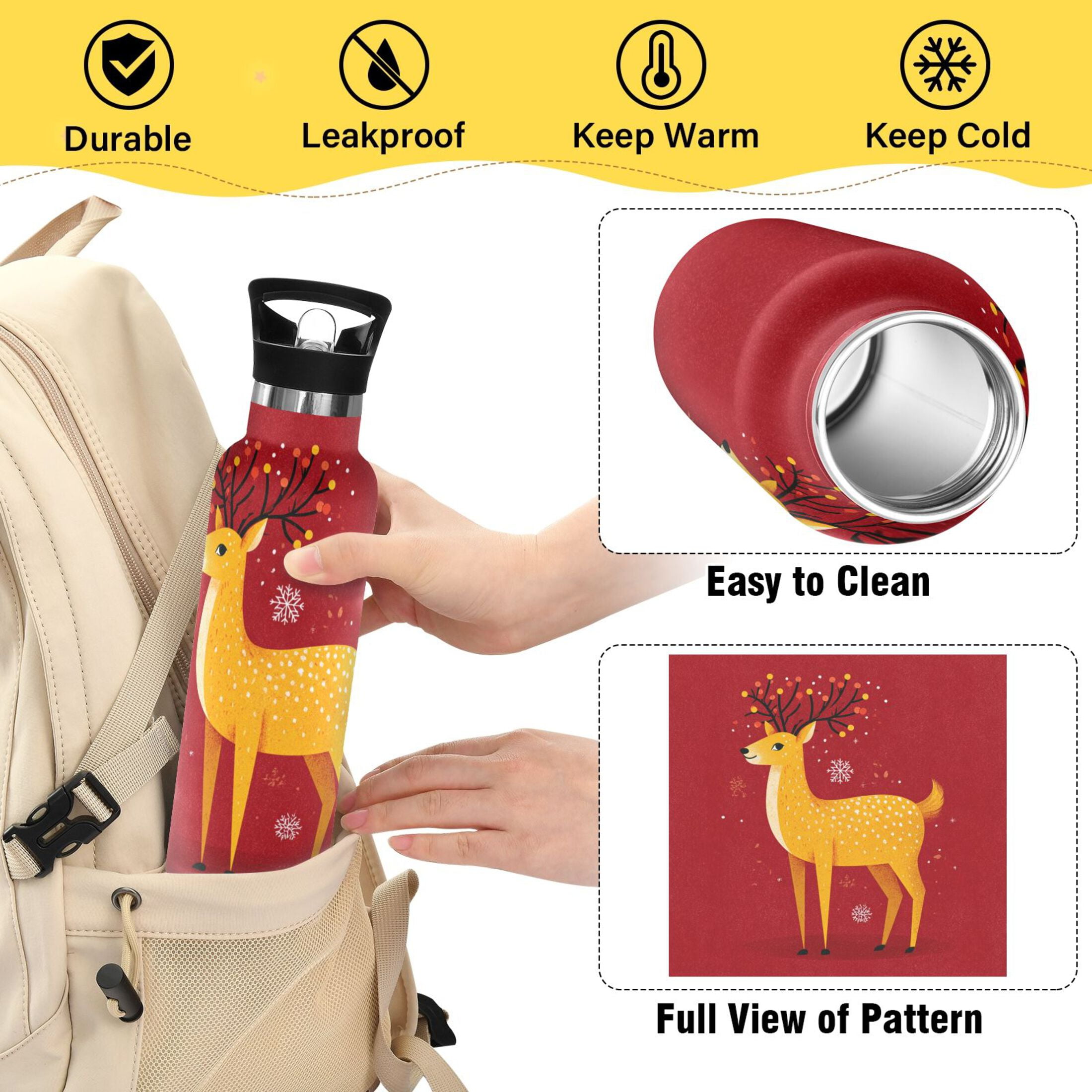 600ML Stainless Steel Insulated Cup Sports Water Bottle Portable Thermos Cup Water Glasses Insulated Tumblers Convenient and Durable Yellow Christmas Deer Beautiful