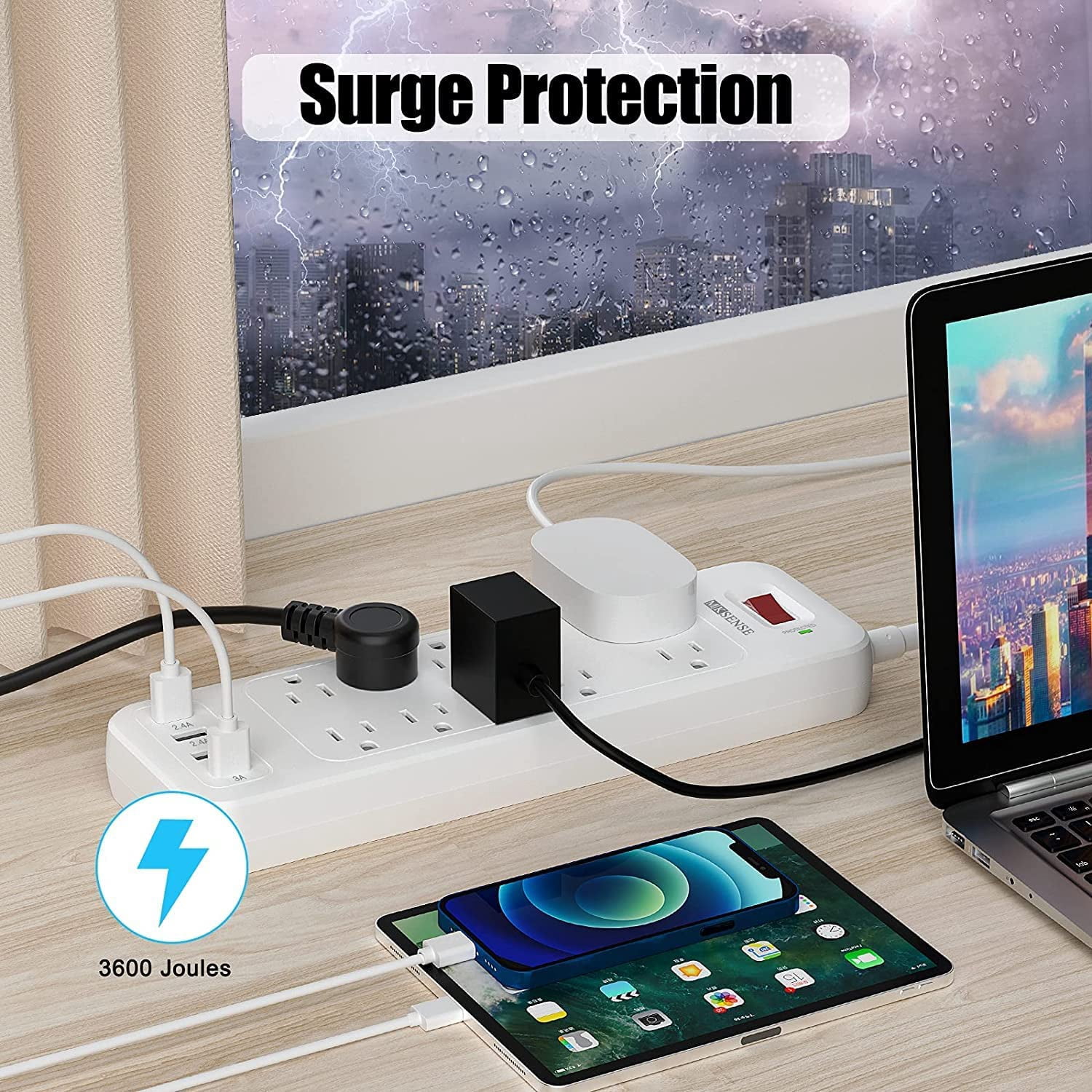 Power Strip, Surge Protector with 10 Outlets and 3 USB Ports (5V/2.4A) & 1 USB-C Port (5V/3A), 1875W/15A, 3600 Joules, Flat Plug, Spaced Outlets with 6ft Extension Cord for Home Office - White