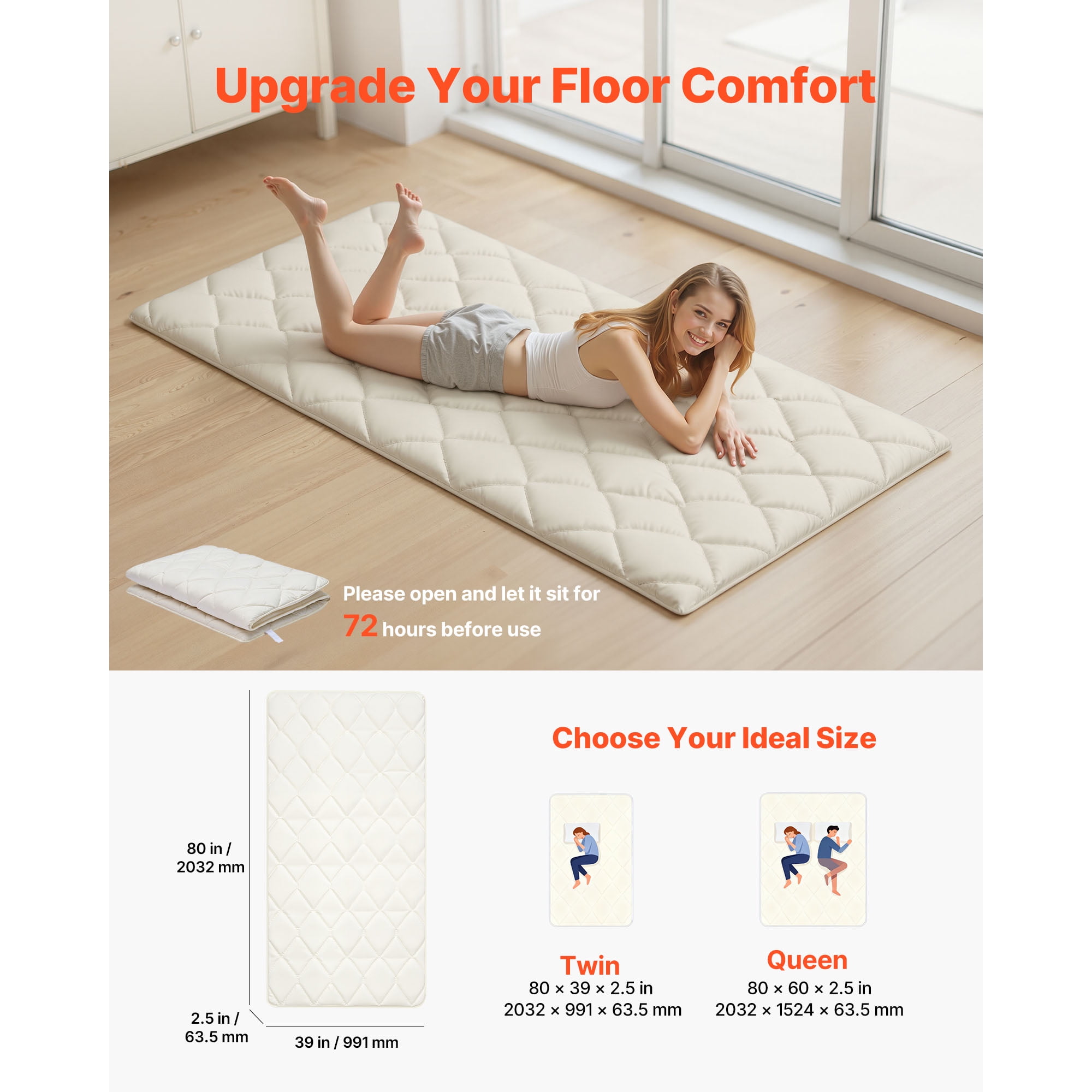 KFFKFF Japanese Tatami Mat, Twin Size Foldable Floor Mattress, Futon Mattress with Storage Bag & Fastener, 9-Layer Design for Sleeping, Dormitory, Meditation, Yoga, 80 x 39 x 2.5 in, White
