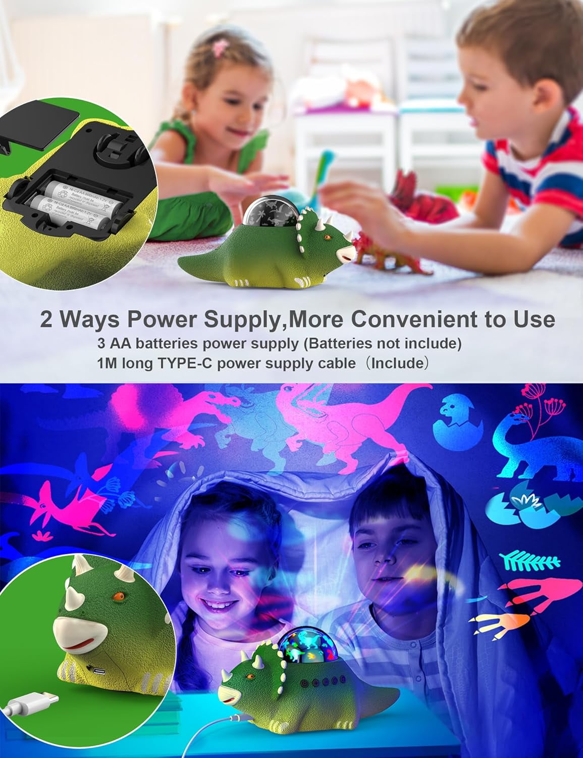 Dinosaur Night Light for Kids, Dino Night Lamp with Dinosaur Sound, Crawling, White Noises, Rotating Colorful Ceiling Projector for Bedroom(Green)