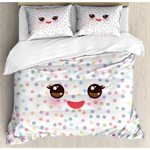 Eyelash Duvet Cover Set King Size, Kawaii Funny Muzzle with Pink Cheeks and Cute Eyes on Colorful Polka Dots Backdrop, Decorative 3 Piece Bedding Set with 2 Pillow Shams, Multicolor, by Ambesonne