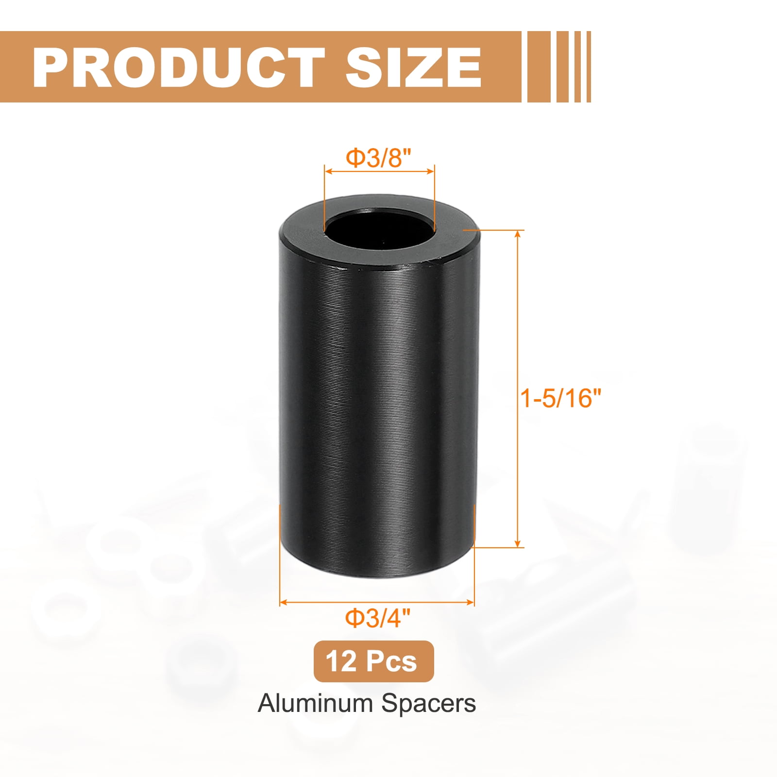 12PCS Aluminum Spacers, 3/8" x 3/4" Metal Spacers Aluminum 1-5/16" L Spacer Screw Standoff Round Unthreaded Standoff Bushing for 3/8inch Screw Bolts, Black