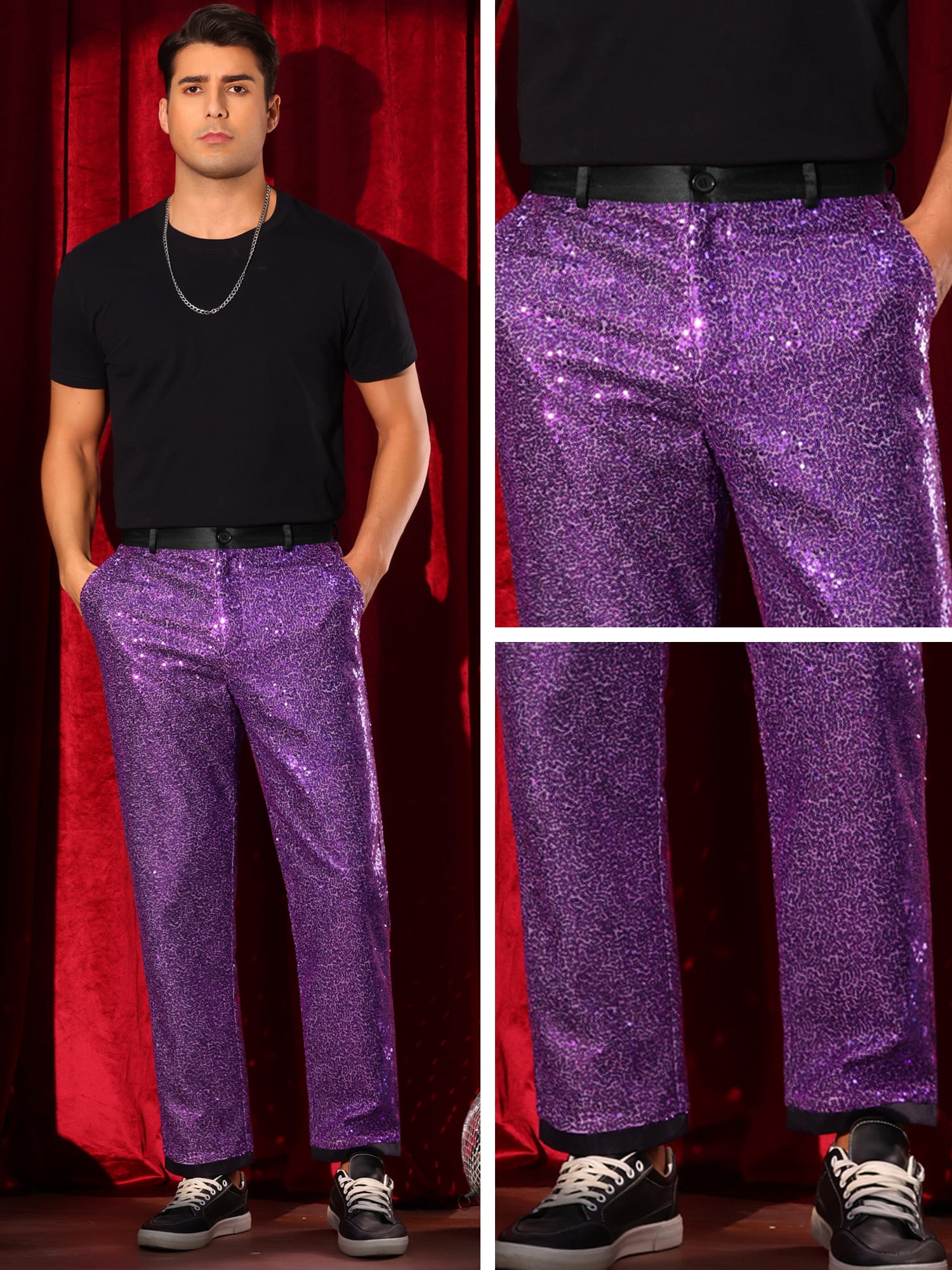 DARING DIVA Men's Shiny Sequin Pants with Straight Leg Design Pants 32 Purple