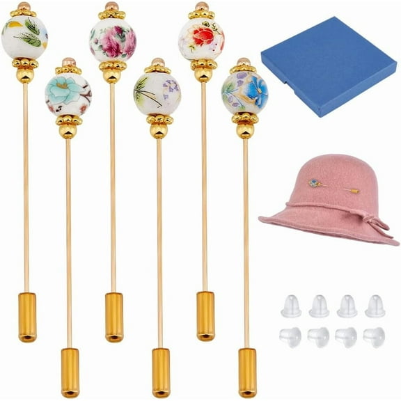 6Pcs Porcelain Hat Pin Vintage Safety Pins Brooches Porcelain with Plant Designs Brooch Pin Stick
