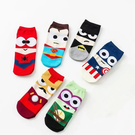 Fun Character Socks for Kids and Adults - 6 Pairs of No-Show Ankle Socks Featuring Fun Designs Inspired by Popular Heroes and More, Soft Cotton Blend for Year-Round Comfort