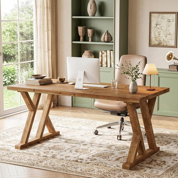 Finmind 63" Solid Wood Home Office Desk, Farmhouse Executive Writing Table with X-Shaped Legs, Rustic Brown