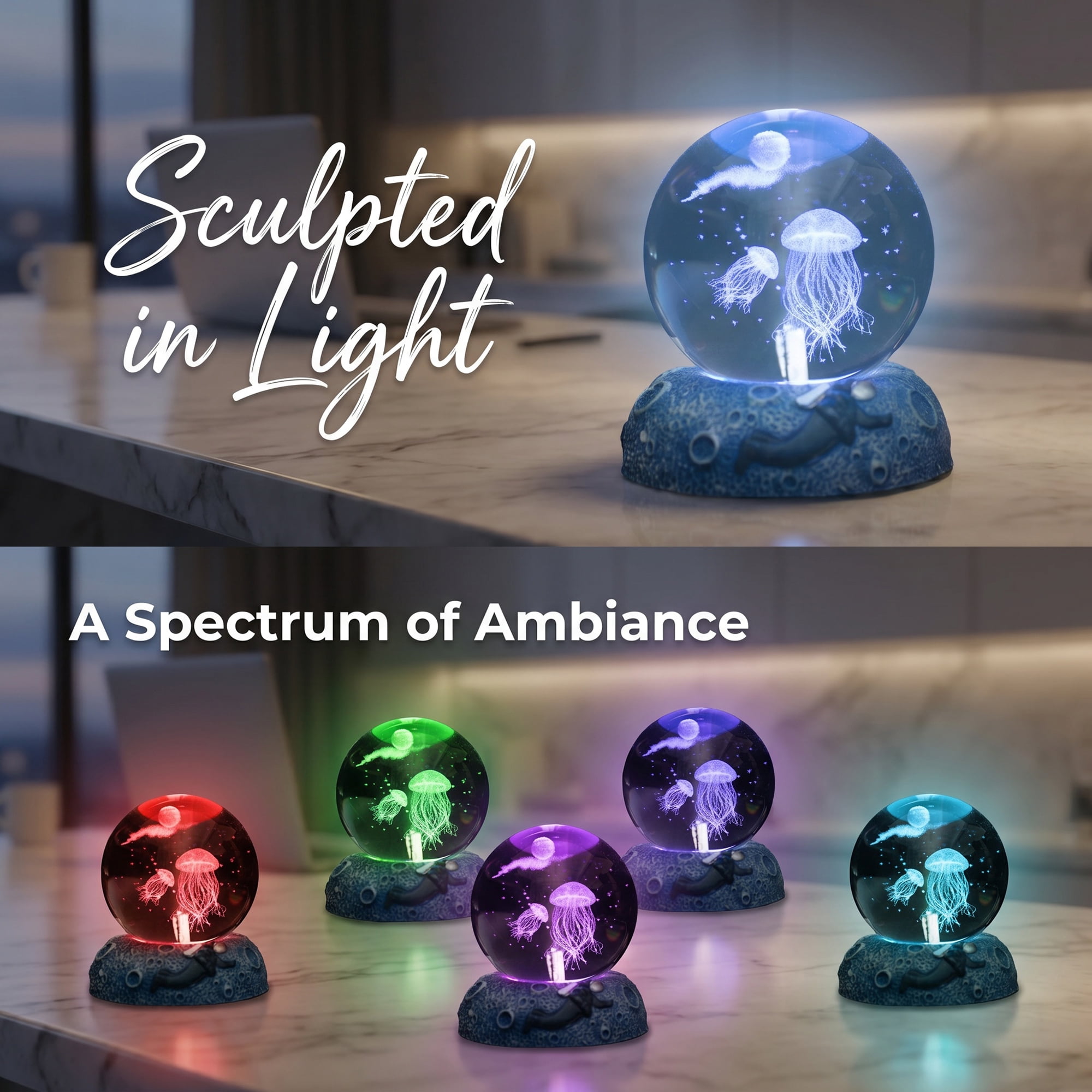 Unique Bargains Glowing Crystal Ball 3D Glass Ornament with LED Light Base Green Style A