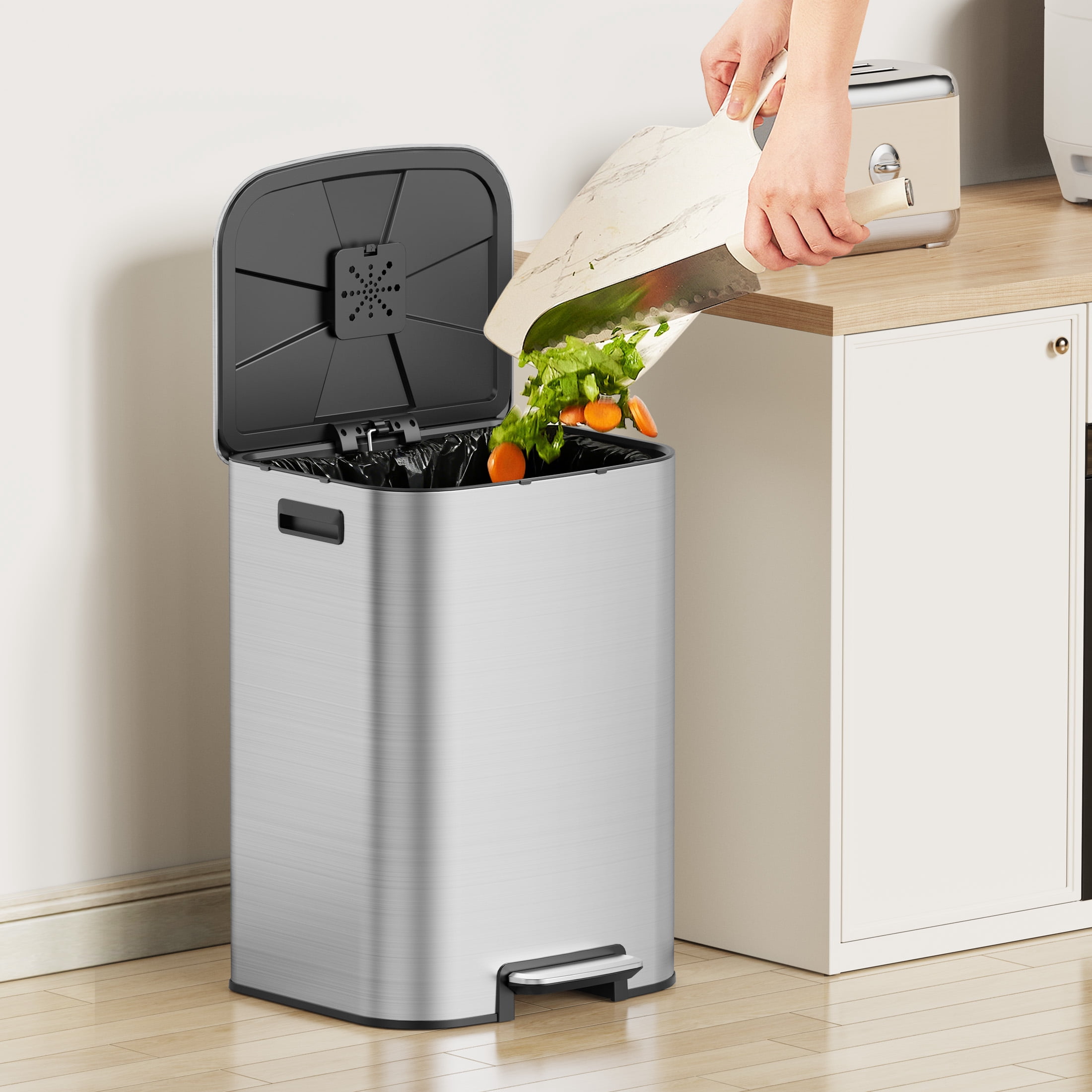 KSSKSS 16 Gallon/60L Large Stainless Steel Trash Can with Soft-Close Lid,Heavy Duty Hands-Free Commercial Step Trash Bin with Removable Inner Bucket, Pedal Garbage Can for Home Office and Kitchen