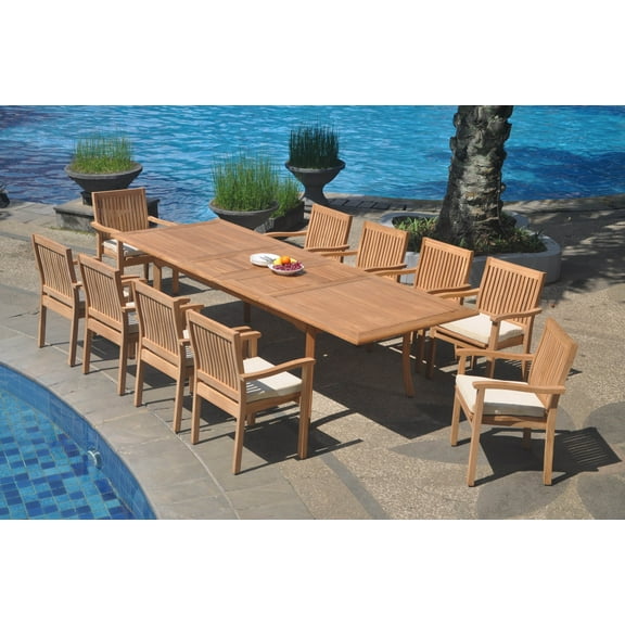 Grade-A Teak Dining Set: 10 Seater 11 Pc: 118" Double Extension Rectangle Table And 10 Leveb Stacking Arm Chairs Outdoor WholesaleTeak #WMDSWVm