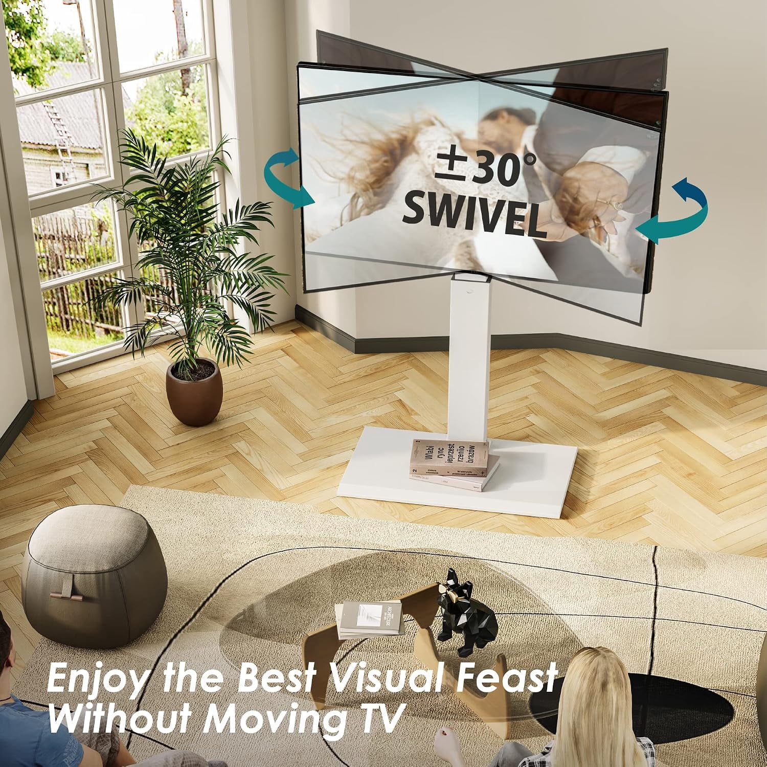 FITUEYES Floor TV Stand for 32–65 Inch TVs, White, Swivel Mount, Height Adjustable, Iron Base