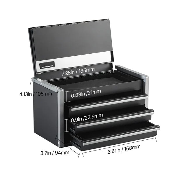 Metal Tool Box, 8.6 inch Portable Metal Tool Box with 3 Drawers, Small Tool Chest with EVA Liners and PP Feet Pads, Heavy-Duty Steel With Ball Bearing Opening and Powder Coated Finish, Black