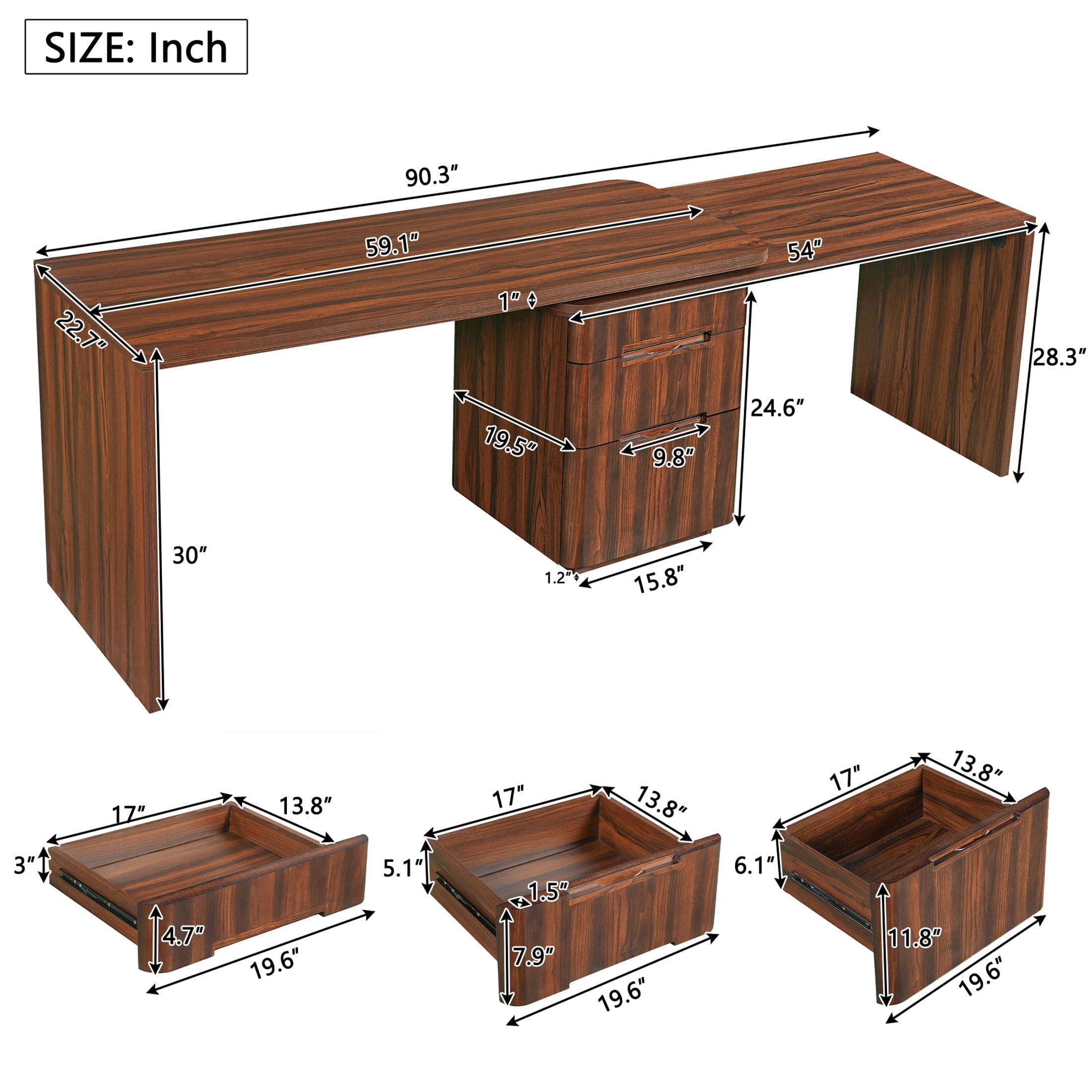 GDF Studio Morad 90" Modern 360° Rotating L-Shaped Executive Desk with Storage Drawers, Corner Workstation, Walnut