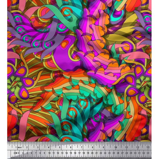 Soimoi Modal Satin Fabric Leaves Artistic Print Sewing Fabric Yard 42 Inch Wide