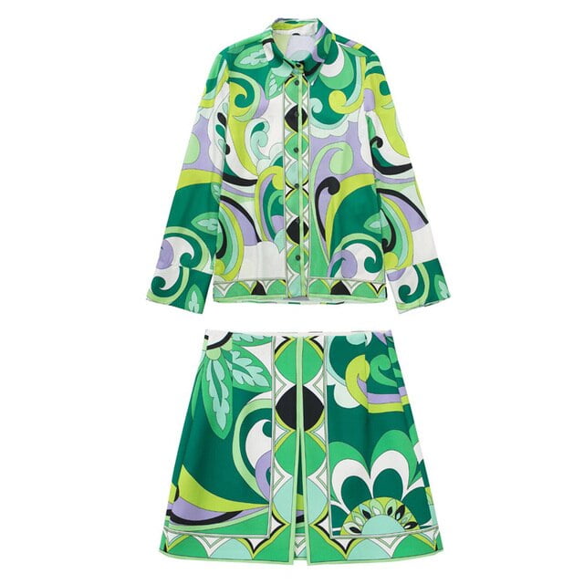 Jupe Courte Imprimée Verte TRAF Femme Rétro Taille Haute Mini Jupes Femmes 2022 Été Plage Jupe Femme Mode Mode Urbaine Jupe