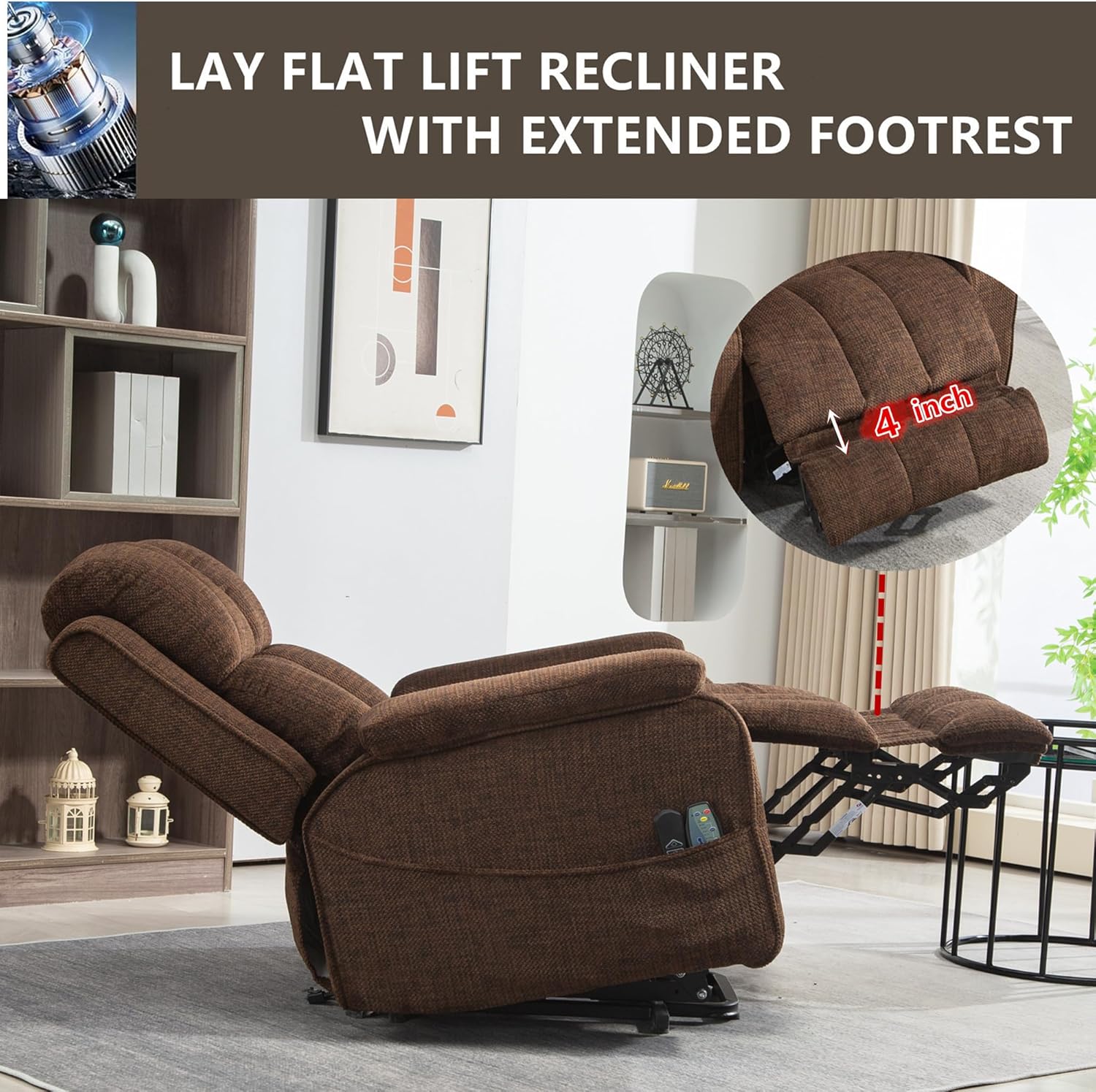 Oversized Lifting Recliners for Seniors, Extended Footrest, Big and Tall Recliners 400 lbs Lay Flat Recliner with Heat & Massage Side Storage Cup Holder, USB Type C Charging for Elderly Relaxing