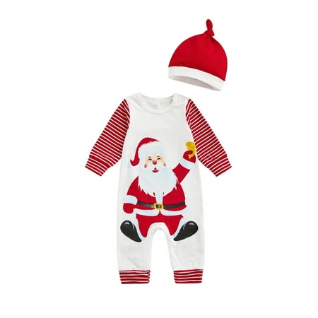 

Qiylii Baby Santa Print O-Neck Stripe Long Sleeve Baby Romper+Hat 0-18M