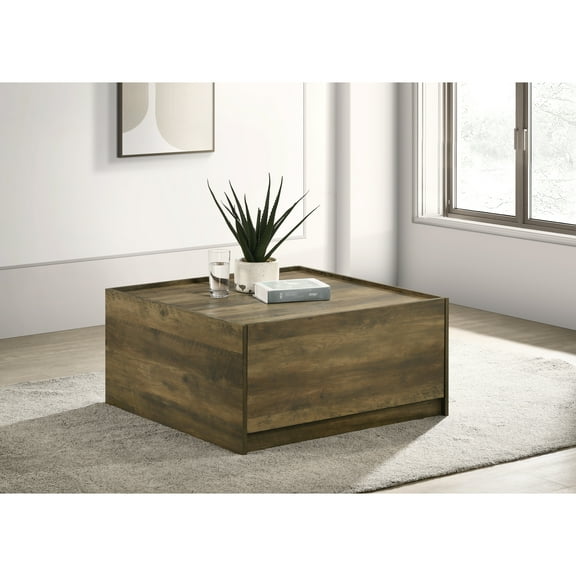 Square Coffee Table, 31.5"w Oak Finish, Raised Lip And 2 Hidden Drawers For Living Room Decoration With Top Home