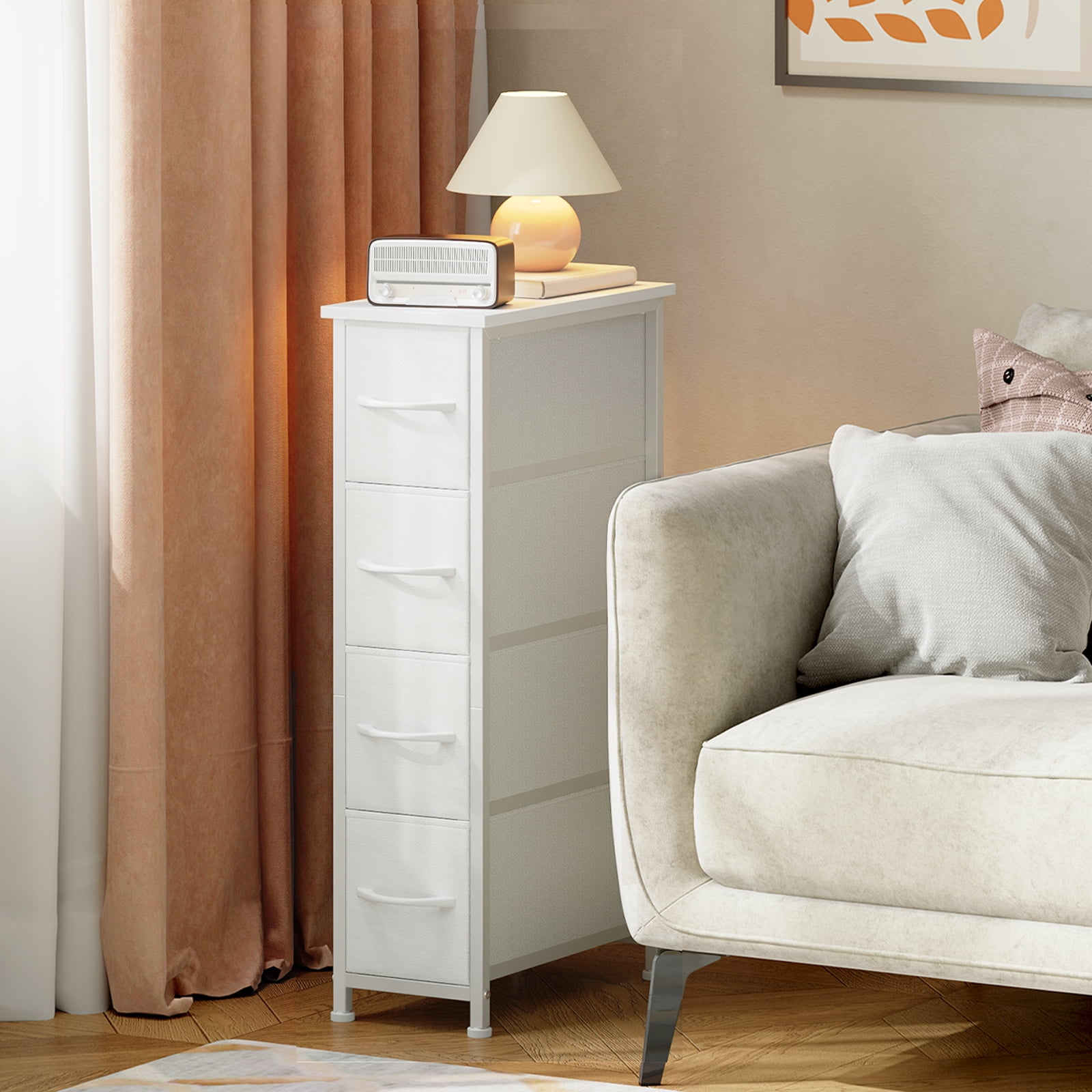 Eunos Narrow Dresser with 4 Slim Drawers for Bathroom Storage Cabinet Hallway, White Leather