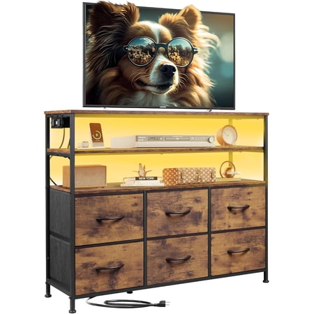 WLIVE Led Dresser TV Stand for Bedroom, Entertainment Center with LED Lights and Power Outlet, 6 Drawer Dressers with Double Open Shelves, Rustic Brown TV Stands