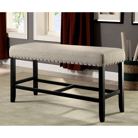 Rustic Wood Counter Height Bench With Beige Upholstered Seat And Bold Trim Details Dining Finish