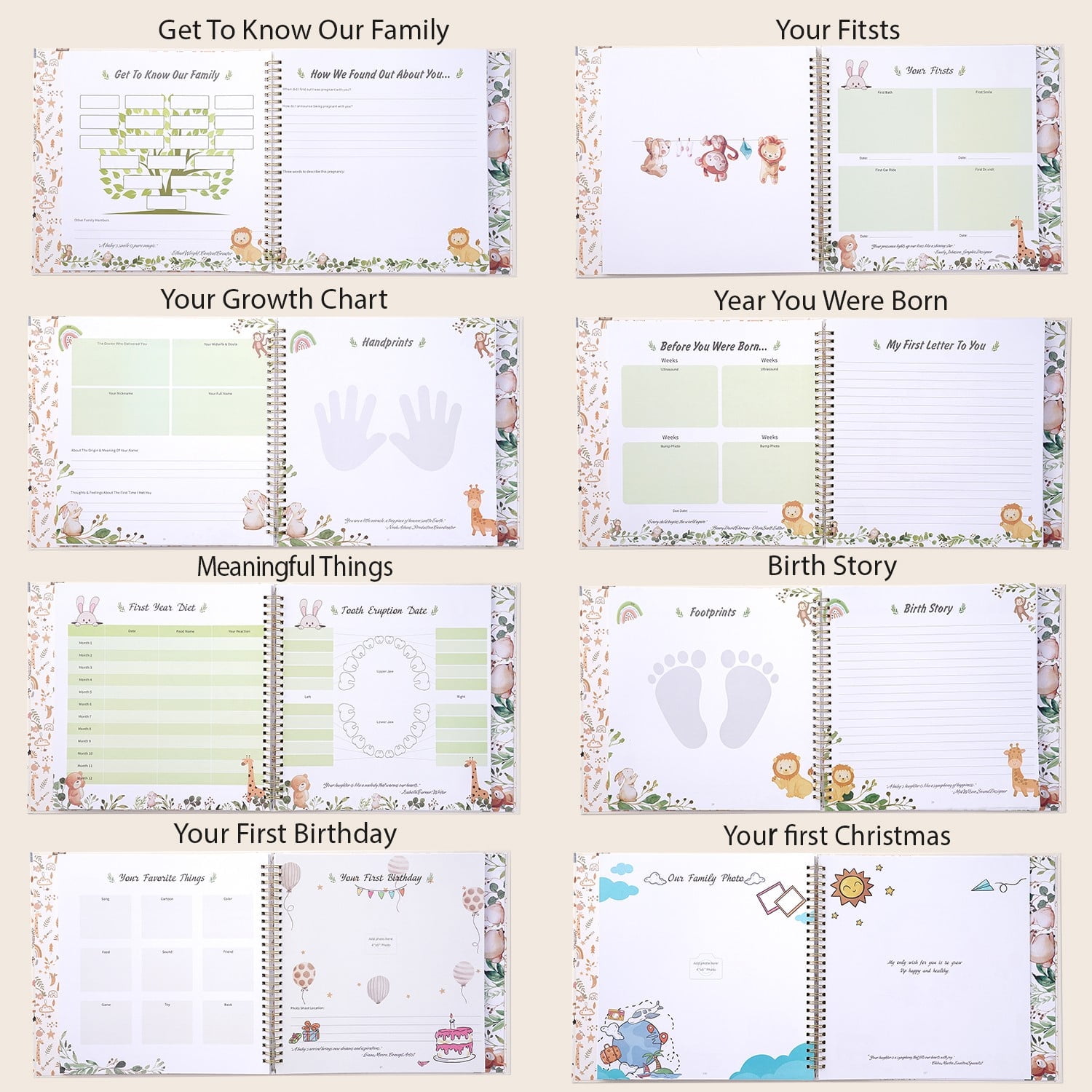 TJT Keepsake Baby Books for Newborn Baby Memory, First 5 Years Baby Memory Record Book Gift, 124 Pages Baby Album, Animal Family, Brown
