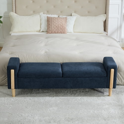65.67" Wide Modern Upholstered Storage Bench with Double Lids and Armrest, Chenille Fabric, Rubberwood Legs, for Living Room, Entryway, Bedroom, Dormitory, Blue