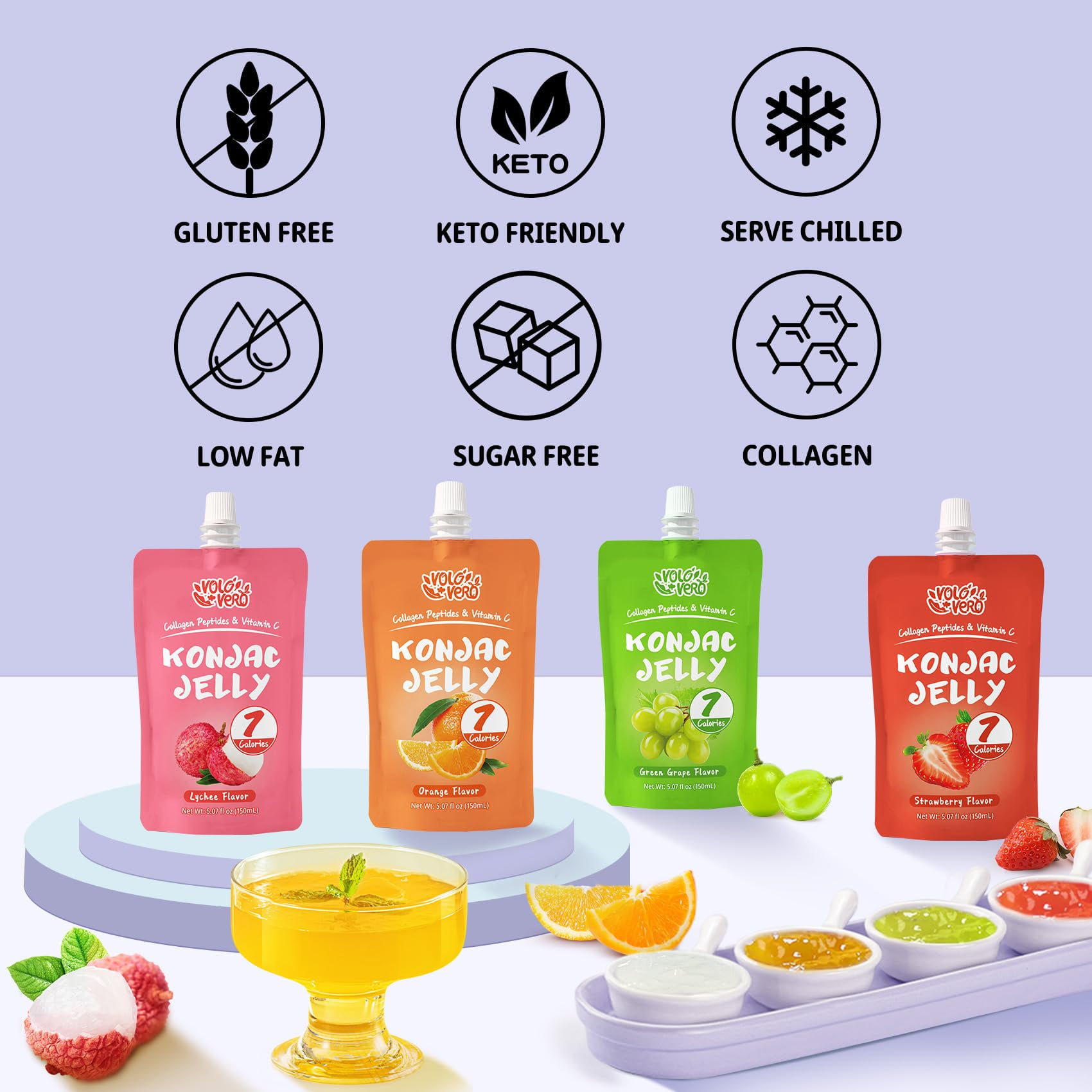 VOLO VERO Konjac Jelly Pouch MDA05&nbsp;Drinkable Variety Pack, 7 Calories, 10 Pack, 0 Sugar, Gluten Free, Keto, Vitamin C Healthy Fruit Snacks - Flavors Include Lychee, Strawberry, Orange, Grape