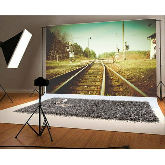 YUSDECOR 7x5ft Railroad Tracks Backdrop Nature Landscape Forest Trees Grass Lawn Blue Sky Witer Outdoor Travel Photography Background Kids Adults Photo Studio Props