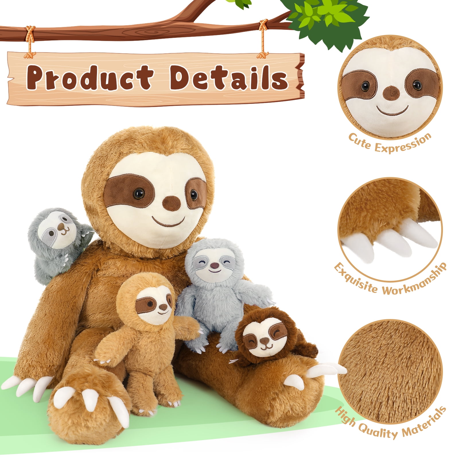 Muiteiur 5 Pcs Sloth Stuffed Animal 23'' Sloth Plush with 4 Babies Plush Toy