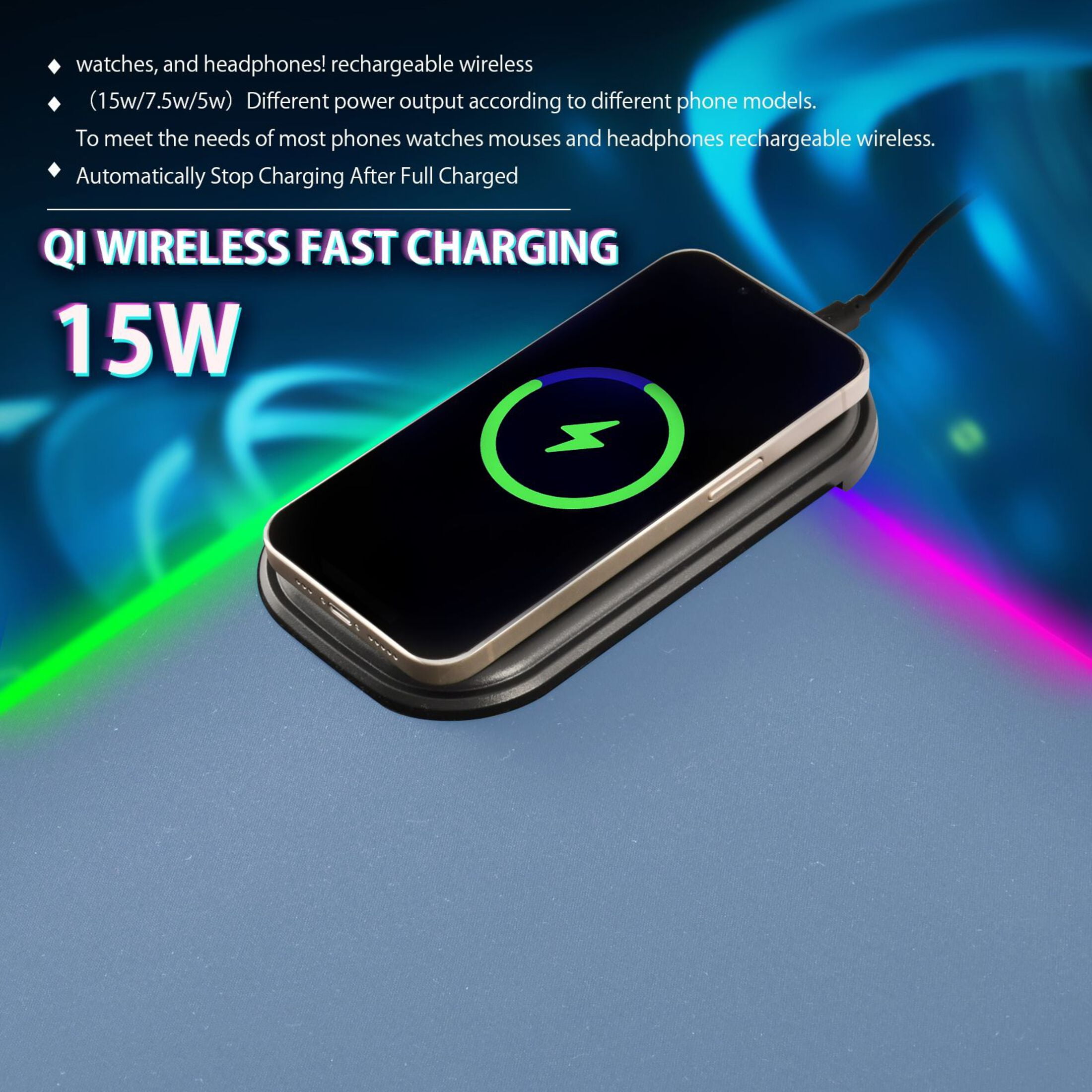 Wireless Charging Mouse Pad Large RGB Gaming Desk Mat 13 Light Modes Mousepad 31.5x11.8 Sea Blue