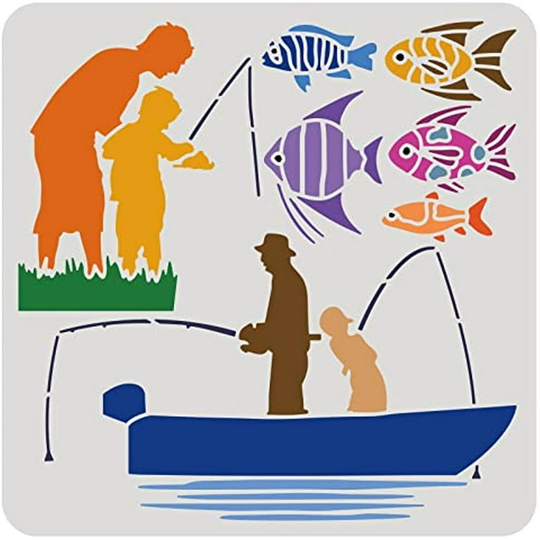 1pc Happy Fathers Day Drawing Stencil Fisherman in Fishing Boat Wall  Plastic Journal Template for DIY Engraving Scrapbooking 