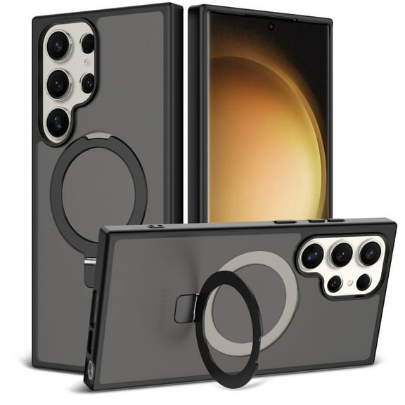 Magnetic Matte Phone Case with Ring Kickstand for Samsung Galaxy S25 (6.2"), Compatible with MagSafe and Magnetic Car Mount/Power Bank, Anti-Scratch, Protective Translucent Back Cover, Black