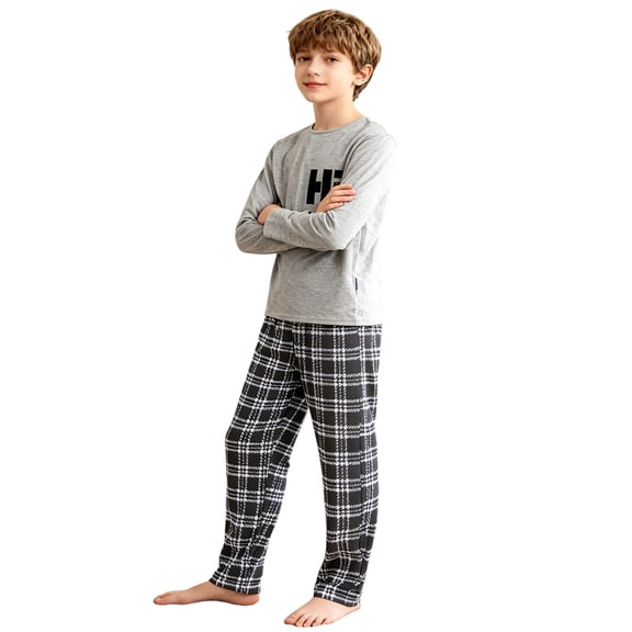 Bobifish Big Boys Sleepwear Set Soft Cozy Letter Printed Long Sleeve Tee And Plaid Pants Boys Comfortable Home Loungewear, Size 3T-13Y