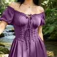 thumbnail image 7 of KICILVS Womens Witch Costumes Adult Plain Off Shoulder Short Sleeve Corset Lace Up Waist Pleated Mini Party Dress Purple, 7 of 7