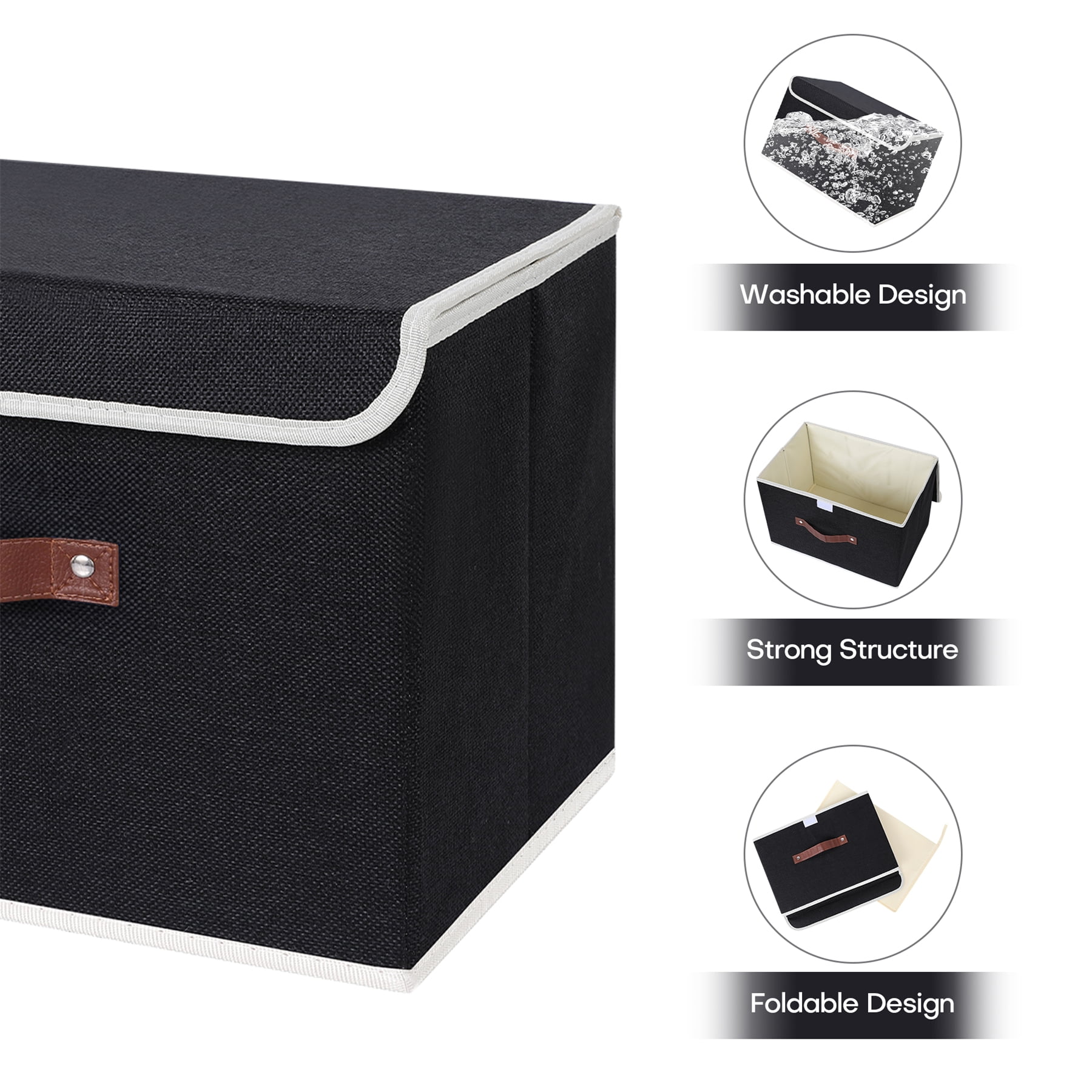 ANMINY Foldable Fabric Storage Bin With Handle Lid Large Collapsible Box Basket For Home Organizer, 6 Packs, Black