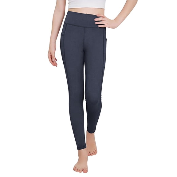 Dwellite Girls Athletic Leggings Ankle Length High Waisted Yoga Pants with Pockets for Kids Teen 5-13Y Navy 140