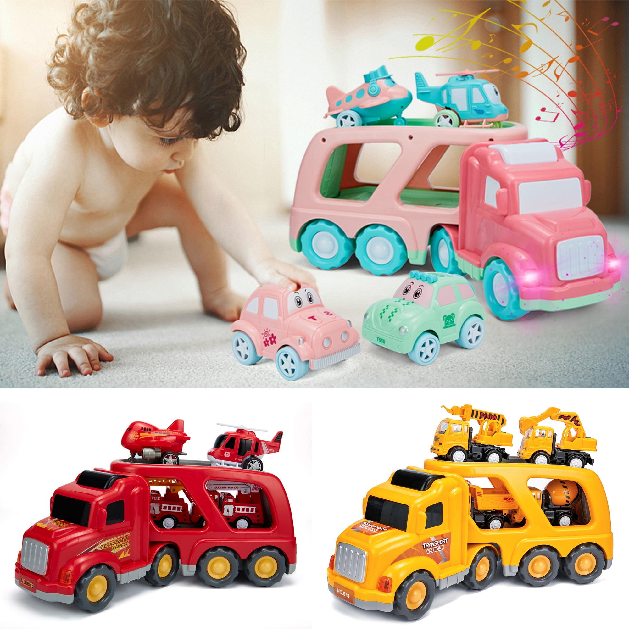 3 Set of 5 IN 1 Cartoon Vehicles Playset Transport Car Carrier Truck ...