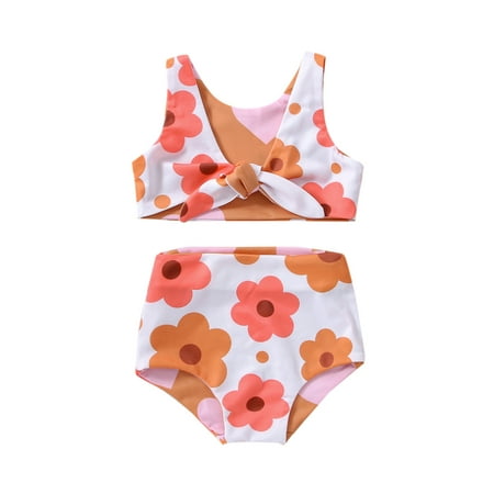 

Infant Girl s Summer Swimsuit Flower Heart Print V-Neck Front Knotted Vest + High Waist Shorts