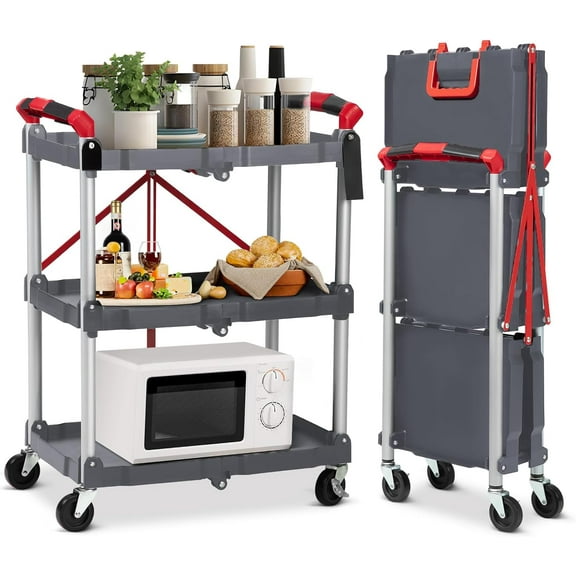 GoFashion Portable Folding Service Cart, 3 Tier Folding Utility Cart, Collapsible Utility Carts for Office, Warehouse