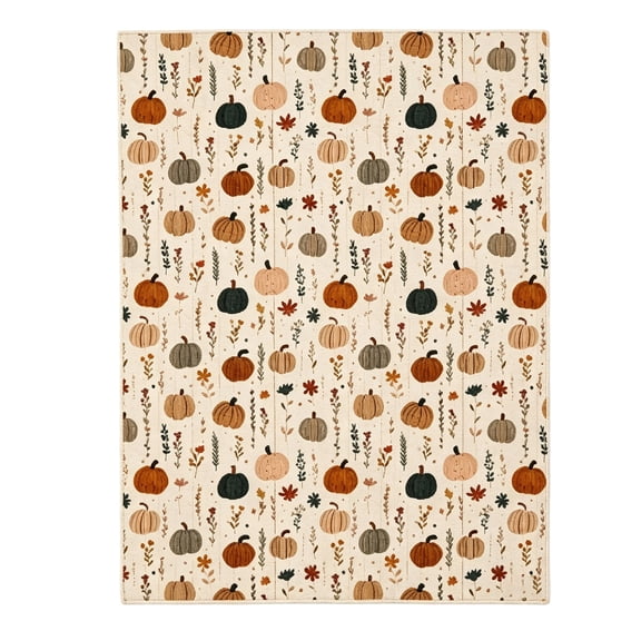 Fall Throw Blanket, Pumpkin Wildflowers Autumn Leaves Print on Cream Soft Flannel Fleece Blanket, Warm Cozy Autumn Blanket for Couch Bed Sofa, Thanksgiving Decor Gift