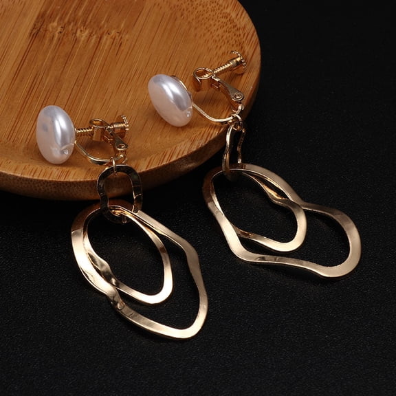 Clip on 2 3/4" gold double wrinkled hoop earrings with white pearl