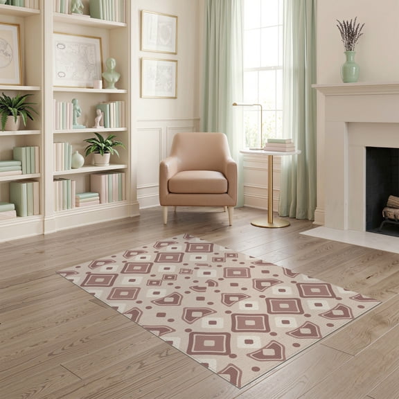ODIKA 4'x6' Beige Brown Warm Geometric Pattern Washable Area Rug Intricate Diamond Motif Design Non-Slip, Chair-Friendly, Flatwoven for Home Office, Under Desk