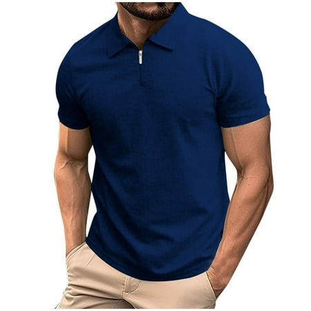 Mens Shirts Under $10 Men s Zipper Shirts Short Sleeve T Shirt Casual Golf Moisture Wicking Outdoor Athletic Tennis Navy L