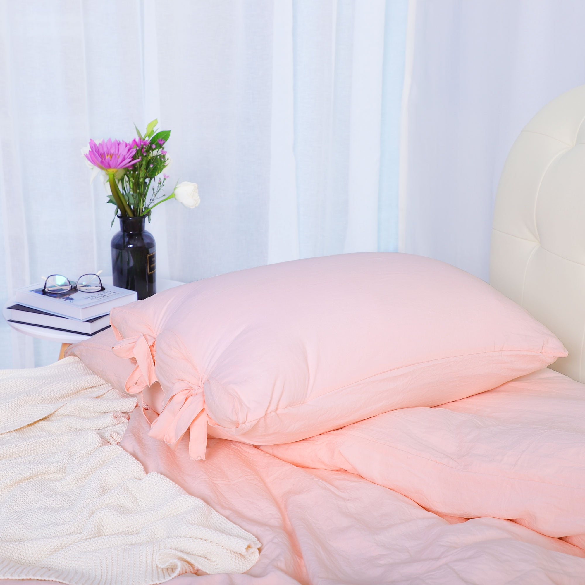 Unique Bargains Washed Cotton Bedding Set Comforter Duvet Cover Pillowcase Light Pink Twin Other Twin
