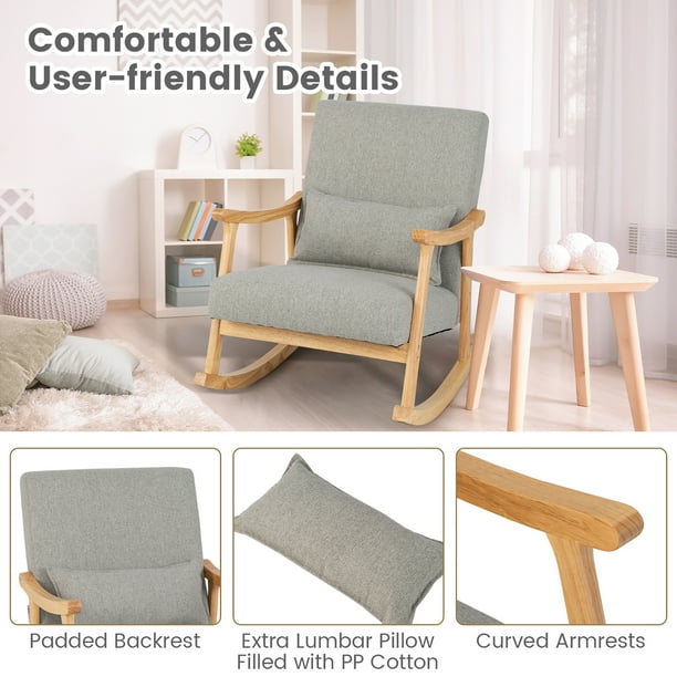 Costway Upholstered Rocking Chair with Pillow Rocking Armchair with Rubber Wood Frame Grey Walmart