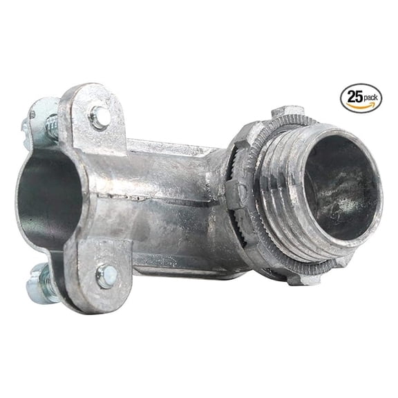 MC Flex Conduit Connector 90 Degree 3/8 Inch - Bridgeport 801-DC2 - Flexible Metallic Conduit Fittings - 25 Pack - Die Cast Zinc - 2 Screw Connector