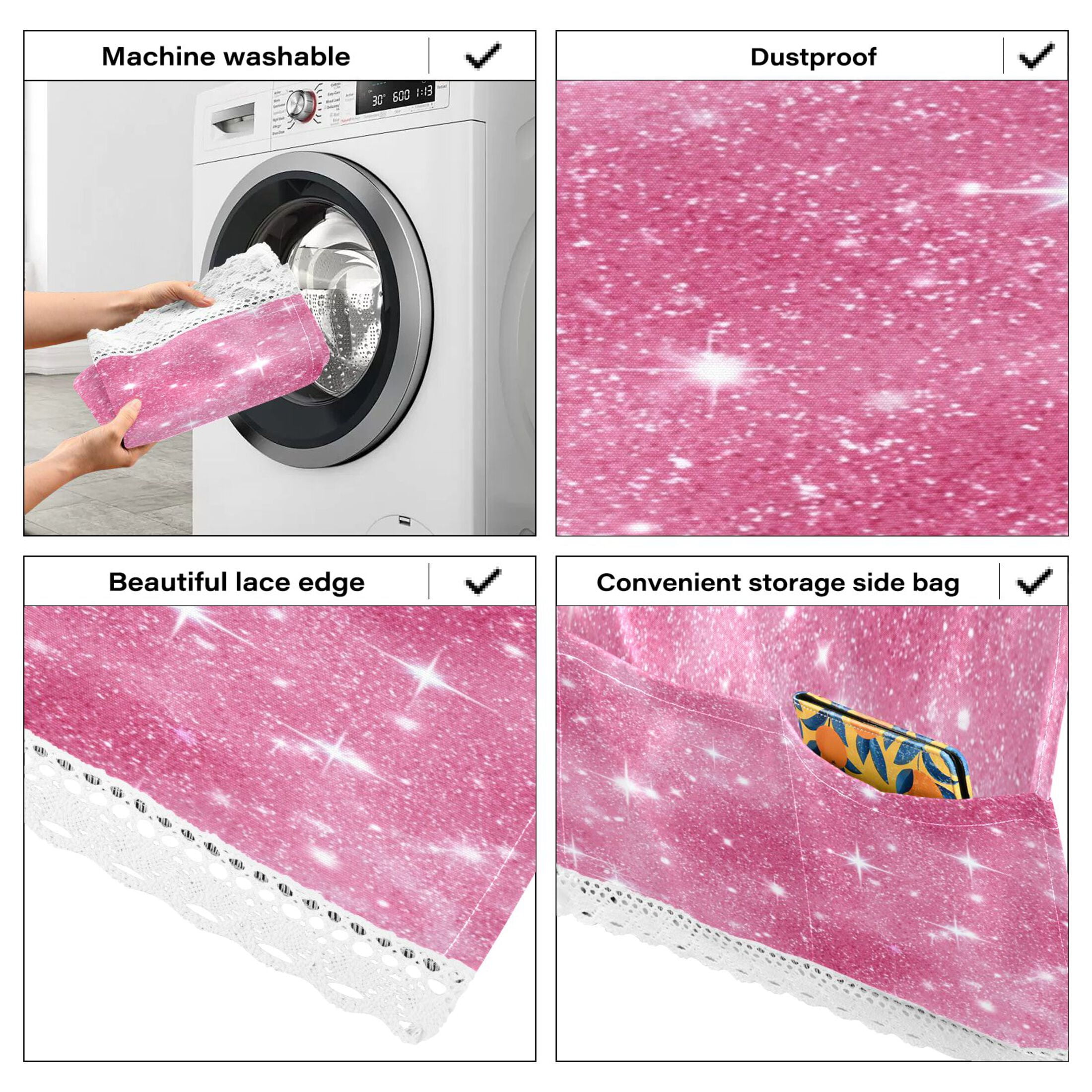 Dustproof Washing Machine Cloth Washer and Dryer Top Covers, Fridge Dust Cover, With Storage Bags Pink Glitter Background