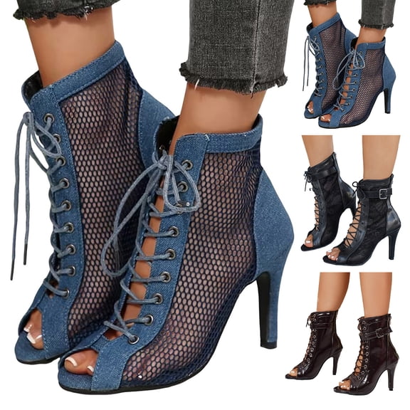 Modisza Women's Mesh Heels Sandals Open Toe High Heeled Pumps Trendy Lace Up Summer Boots Buckles Strap Party Stiletto Shoes Black size 6.5