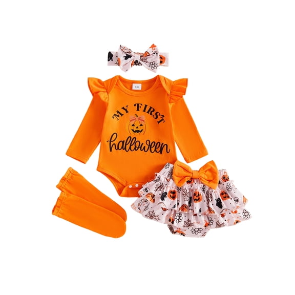 RUINIXCW Newborn Baby Girl My First Halloween Outfit Infant Girl Fall Clothes Letters Print Long Sleeve Romper Ruffled Skirt Headband Stockings Set