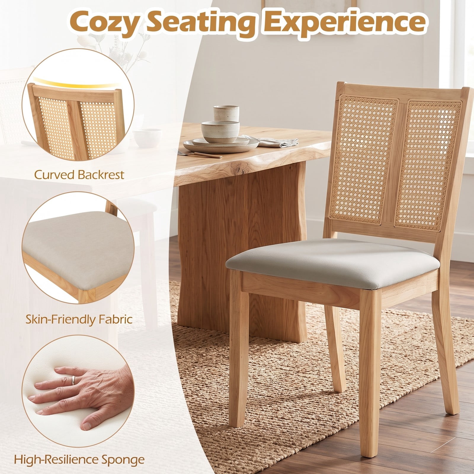 Furnibear Rattan Dining Chairs Set of 2, Upholstered Kitchen Chairs with Curved Backrest, Woven PVC Rattan Back and Padded Fabric Seat for Dining Room, Rubber, Natural